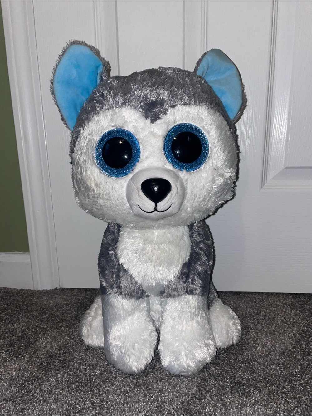 TY brand Large Grey & White Plush Husky with Blue Eyes